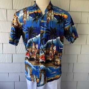 Hawaiian Aloha Moi 100% Cotton Blue Surfboard & Beach Shirt Size L